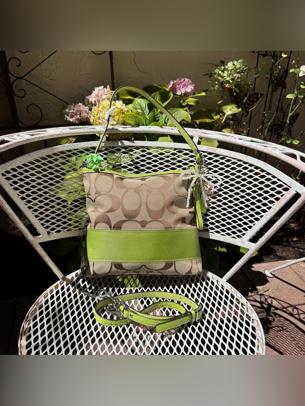 Y2k Coach Brown Monogramed Canvas Bag with Green Stripe